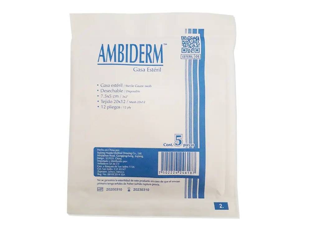 Gasa Estéril 7.5cmx5cm 12 Pliegos  5 gasas/pouch Ambiderm